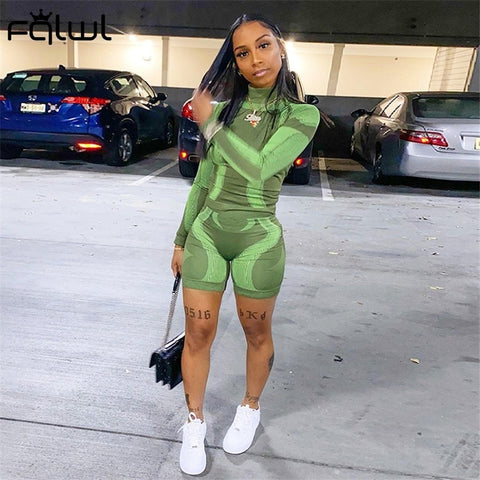 FQLWL Steetwear Print 2023 Summer 2 Two Piece Set Womens Matching Sets Outfits T Shirt Biker Shorts Tracksuit Sweat suits Women