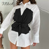 FSDA 2022 Patchwork Shirt Dress Houndstooth Long Sleeve Bandage Sashes Autumn Winter White Casual Mini A Line Dresses Fashion