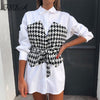 FSDA 2022 Patchwork Shirt Dress Houndstooth Long Sleeve Bandage Sashes Autumn Winter White Casual Mini A Line Dresses Fashion