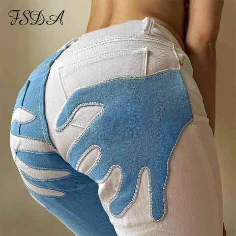 FSDA 2022 High Waist Patchwork Women Denim Jean Casual Wide Leg Vintage Autumn Winter Blue Long Trousers Loose