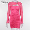 FSDA 2022 Hollow Out Mesh Bodycon Dress Sexy Mini Long Sleeve Ruched Autumn Pink Party Dresses Bandage