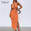 FSDA 2022 Orange Hollow Out Midi Bodycon Dress Backless Sexy Women Casual Y2K Sleeveless Summer Party Halter Neck Dresses Green