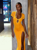 FSDA 2023 Summer Split Hollow Out Midi Dress Bodycon Short Sleeve Sexy Club Patchwork Y2K Orange Women Dresses Party