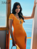 FSDA 2023 Summer Split Hollow Out Midi Dress Bodycon Short Sleeve Sexy Club Patchwork Y2K Orange Women Dresses Party