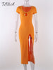 FSDA 2023 Summer Split Hollow Out Midi Dress Bodycon Short Sleeve Sexy Club Patchwork Y2K Orange Women Dresses Party