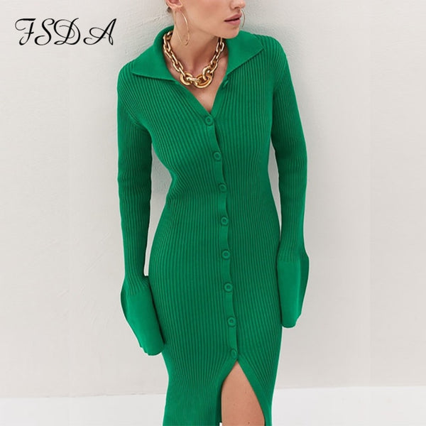 FSDA Autumn Winter Bodycon Dress Sweater Knitted Green 2022 Women Sexy Midi Split V Neck Long Sleeve Casual Dresses Party