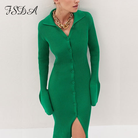FSDA Autumn Winter Bodycon Dress Sweater Knitted Green 2022 Women Sexy Midi Split V Neck Long Sleeve Casual Dresses Party