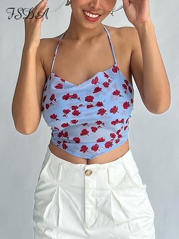 FSDA Boho Floral Print Backless Top Crop Women Sleeveless Bandage Summer 2023 Y2K Casual Tank Tops Sexy Beach Cami Off Shoulder