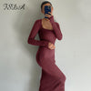 FSDA Square Neck Long Sleeve Bodycon Dress Midi Black Autumn Winter Sexy Brown Basic Club 2022 Party Dresses Casual