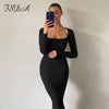 FSDA Square Neck Long Sleeve Bodycon Dress Midi Black Autumn Winter Sexy Brown Basic Club 2022 Party Dresses Casual