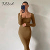 FSDA Square Neck Long Sleeve Bodycon Dress Midi Black Autumn Winter Sexy Brown Basic Club 2022 Party Dresses Casual