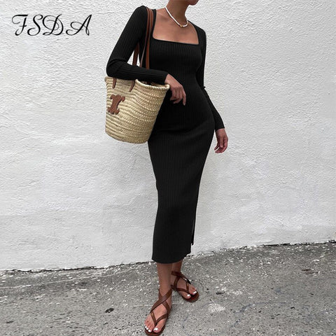 FSDA Square Neck Long Sleeve Bodycon Dress Midi Black Autumn Winter Sexy Brown Basic Club 2022 Party Dresses Casual