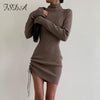 FSDA Turtleneck 2022 Knitted Dress Bodycon Women Ruched Mini Long Sleeve Brown Sexy Elegant Dresses Party White
