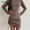 FSDA Turtleneck 2022 Knitted Dress Bodycon Women Ruched Mini Long Sleeve Brown Sexy Elegant Dresses Party White
