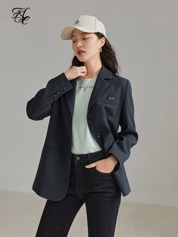 FSLE Notched Collar Full Regular Sleeve Blazers Loose Casual Midweight Single Breasted Office Lady Solid Straight Coats