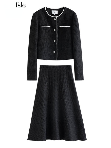 FSLE Women Two-piece Suit Women Tweed Contrasting Color Design Short Jackets Elegant Retro Office Lady A-LINE Fishtail Skirts