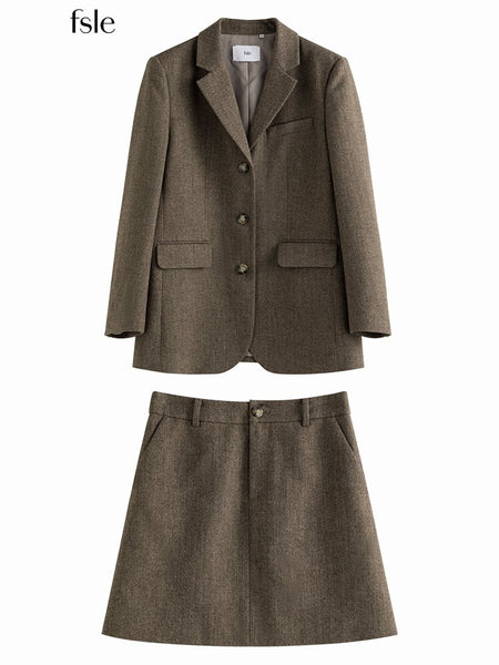 FSLE Women Winter Korean Style Wool Suits Notched Straight Wool Regular Blazers 2023 Office Lady Above Knee Length A-LINE Skirts
