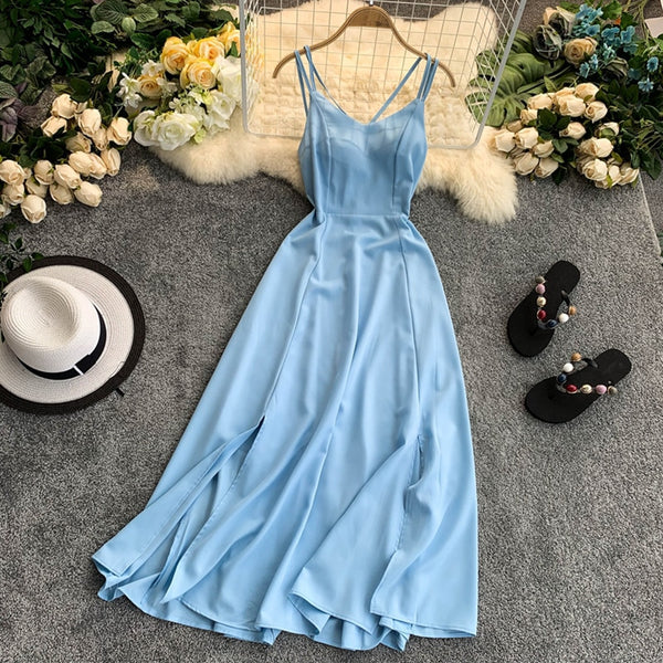 FTLZZ Ladies Sexy V Neck Spaghetti Strap Dresses Summer Backless Split Slim Long Dress Women Casual Beach Holiday Vestidos