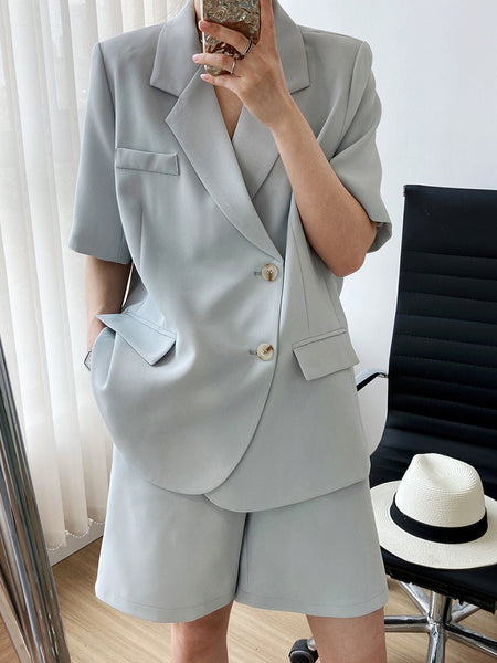 FTLZZ Summer Office Lady Notched Collar Single Breasted Short Sleeve Blazer Elegant Pocket Solid Blazer Casual Loose Blazer