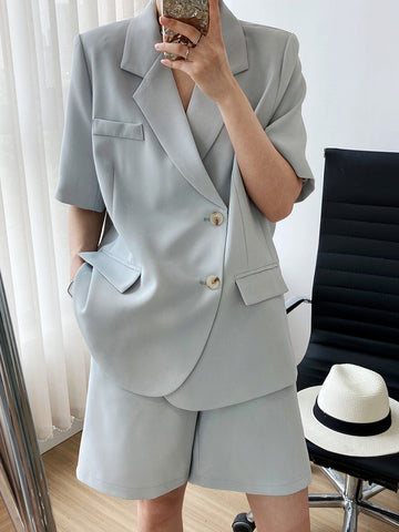FTLZZ Summer Office Lady Notched Collar Single Breasted Short Sleeve Blazer Elegant Pocket Solid Blazer Casual Loose Blazer