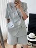 FTLZZ Summer Office Lady Notched Collar Single Breasted Short Sleeve Blazer Elegant Pocket Solid Blazer Casual Loose Blazer