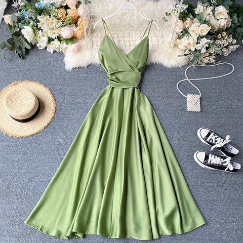 FTLZZ Summer Women Sexy V Neck High Waist A-line Party Tank Sundress Elegant Bandage Bow Long Dress Vestidos Multicolour