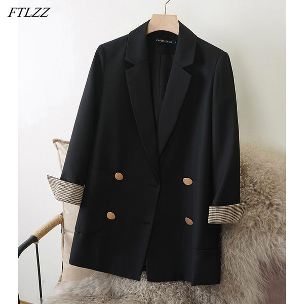 FTLZZ Spring Autumn Office Lady Loose Blazer Long Sleeve Plaid Splicing Design Blazer Coat Double-breasted British Style Jacket