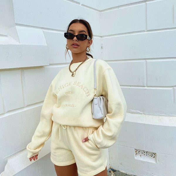 FUFUCAILLM 2023 Casual Style Sets Women Embroidered Letter Pattern Round Neck Sweater + Drawstring Pocket Shorts Tracksuits