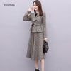 FairyShely Korean Buttons Woolen Skirt Suit Women 2022 Autumn Winter Office Belt Elegant Suit Plaid Jacket Skirt 2 Piece Suit