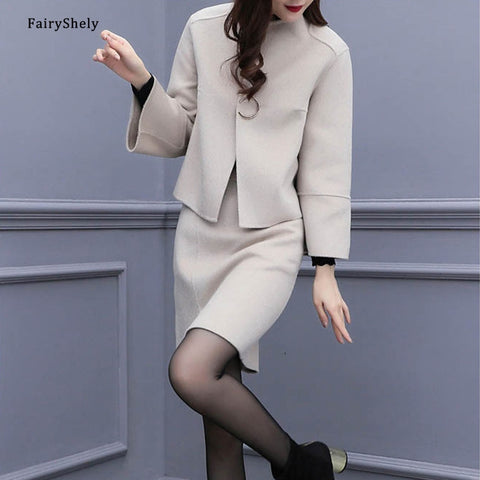 FairyShely Korean Casual Office Ladies Work Skirt Crop Coat Suit Women 2023 Autumn Winter Pocket Woolen Jackt Skirt 2 Piece Set