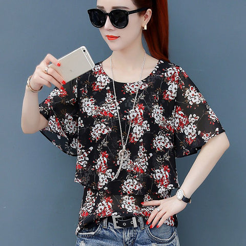 Fake Two Pieces Women's Blouses Ladies Tops Summer Short Sleeve Chiffon Blouse Shirt Floral Print Blusas Mujer Moda 2022