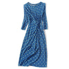 Fall 19 one off collar small floral print 3 / 4 sleeve kink pleat waist slim mid length dress