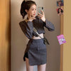 Fall 2 piece set women korean crop blazer set for women business suits office sets two piece set women skirt elegant brown suit