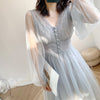 Fall 2023 Brand Women Dress V-neck Puff Sleeve Mesh Midi Dress Plus Size Fairy Tulle Lace Dress Elegant Long Dress Vestidos