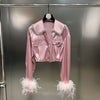 Fall 2023 Women's Beaded Lapel Ostrich Fur Sleeve Shirt Ladies Simple Side Slit Rose Above Knee Skirt Two-piece Suit
