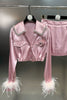 Fall 2023 Women's Beaded Lapel Ostrich Fur Sleeve Shirt Ladies Simple Side Slit Rose Above Knee Skirt Two-piece Suit