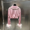 Fall 2023 Women's Beaded Lapel Ostrich Fur Sleeve Shirt Ladies Simple Side Slit Rose Above Knee Skirt Two-piece Suit