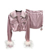 Fall 2023 Women's Beaded Lapel Ostrich Fur Sleeve Shirt Ladies Simple Side Slit Rose Above Knee Skirt Two-piece Suit