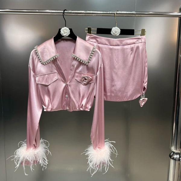 Fall 2023 Women's Beaded Lapel Ostrich Fur Sleeve Shirt Ladies Simple Side Slit Rose Above Knee Skirt Two-piece Suit