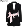Fall Winter Jacket Women Sexy Backless Pink Bowknot Lace Up Slim Blazer Women Single Breasted Diamonds Cross Bandage Outwear