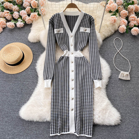 Fall Winter Korean Chic Vintage Houndstooth Knitted Sweater Dress Women V-Neck Button Slim Long Dress Casual Robe Femme Vestidos