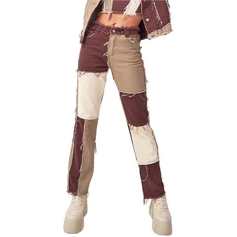 Fall Women's Jeans High Waist Slim Y2K Pants  All-Match Contrast Color Casual Trousers