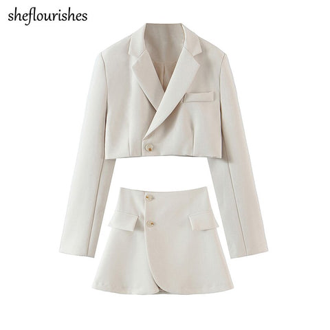 Fall two piece set women vintage blazer korean long sleeve cropped jacket single button sexy mini skirt irregular outfits women