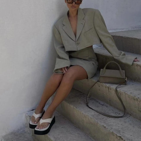 Fall two piece set women vintage blazer set korean long sleeve cropped jacket single button sexy mini skirt business suit women