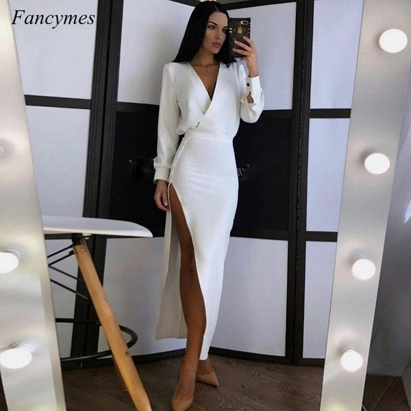 Fancymes Solid White Sexy Midi Dress Women V Neck Long Sleeves Autumn Dresses Female High Split Bodycon Nightclub Party Dress