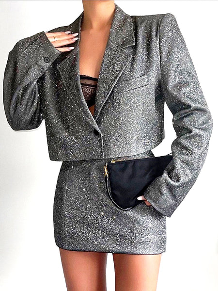 Fantoye Glitter Skirt Sets Women Blazer Suits Double Layer Elegant Two Piece Sets Women Outfit Shiny Female Streetwear Clothing