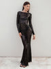 Fantoye Sexy Backless Sequins Maxi Dress For Women Black Long Sleeve Solid Elegant Dress Women Spring Slim Party Evening Clothes