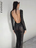 Fantoye Sexy Backless Sequins Maxi Dress For Women Black Long Sleeve Solid Elegant Dress Women Spring Slim Party Evening Clothes