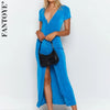Fantoye Sexy High Split V-neck Dress For Women Blue Short Sleeve Single Breasted Beach Dress Women Summer  Partywear Vestidos