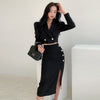 2 Pieces Outfits Black Set Office Women Formal Kit Temperament Lady Sexy Short Crop Tops Coat Slit Midi Skirt Slim Suits